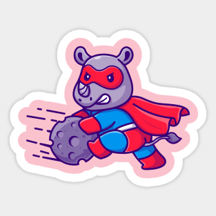 Cute Rhino Superhero Stopping Meteor Cartoon Sticker